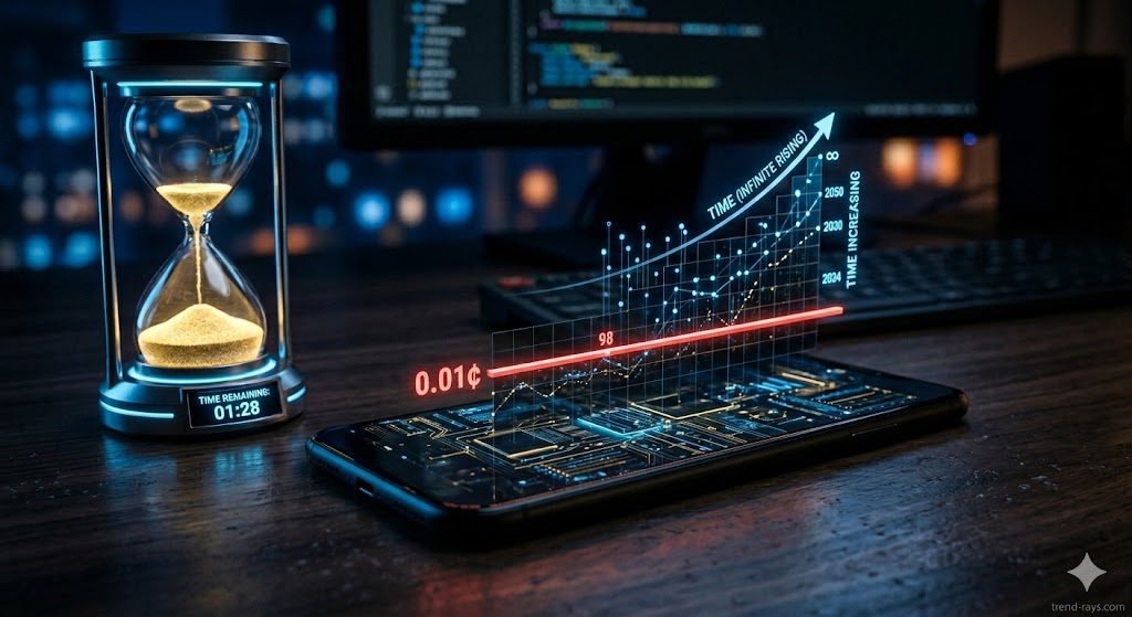 A photorealistic close-up of a modern smartphone resting on a dark desk. The screen displays an intricate, glowing 3D chart showing time going up infinitely while a financial line stays flat at $1.00. Beside the phone, a futuristic digital hourglass is running out of glowing sand. Moody blue and gold lighting, sharp focus, macro photography.