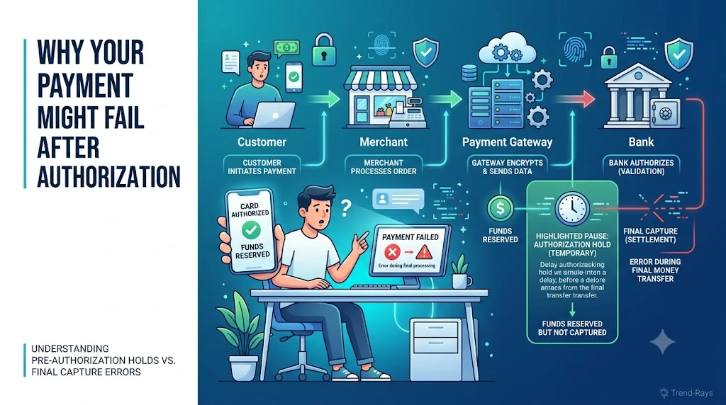 Illustration explaining why a card can be authorized while an online payment still fails.