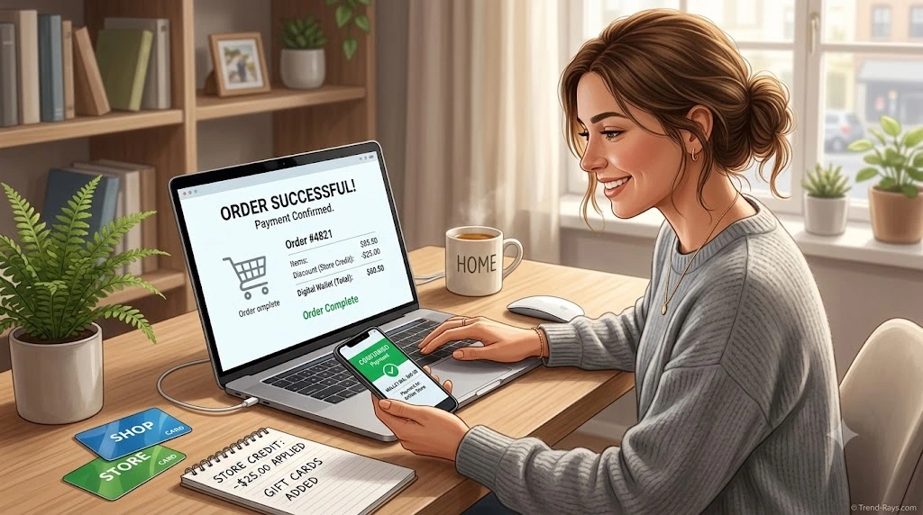 Person using gift cards, store credit, and digital wallet as alternatives to split payment.