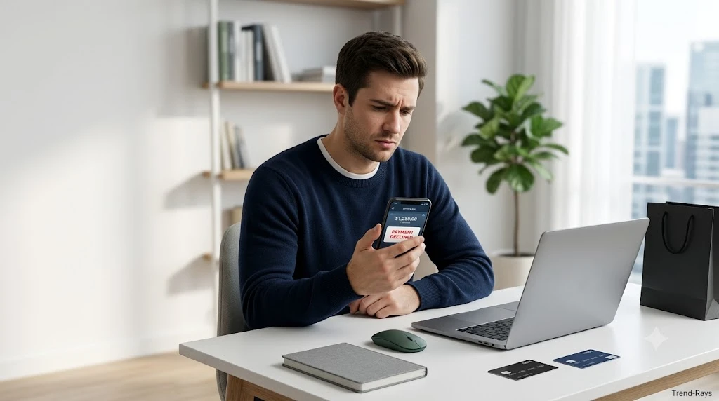 Person looking at a declined payment notification on a smartphone while checking their bank account balance.