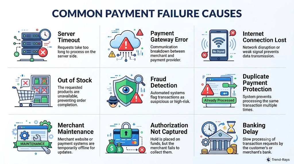 Illustration summarizing the most common reasons why an online payment succeeds but an order fails.