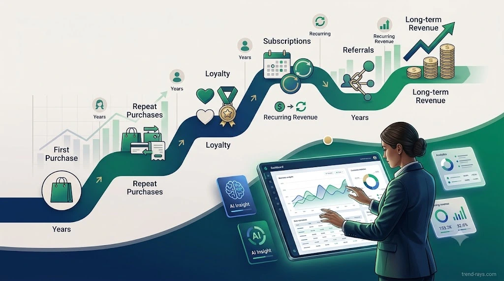 Customer Lifetime Value explained with customer journey, recurring revenue, customer retention, and business growth visualization