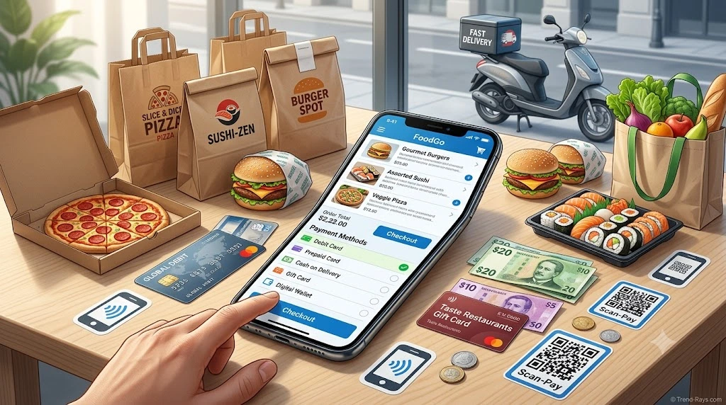 Food Delivery Without a Credit Card: 12 Legit Ways to Order Food in 2026 1 Illustration showing multiple ways to order food online without using a credit card, including debit cards, prepaid cards, cash, gift cards, and digital wallets.