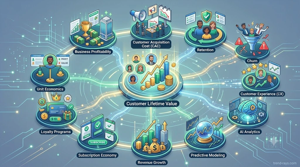 Why Companies Lose Money Acquiring Customers (And How Customer Lifetime Value Changes Everything) 7 Comprehensive ecosystem diagram showing how Customer Lifetime Value connects marketing, retention, AI, customer experience, and business profitability