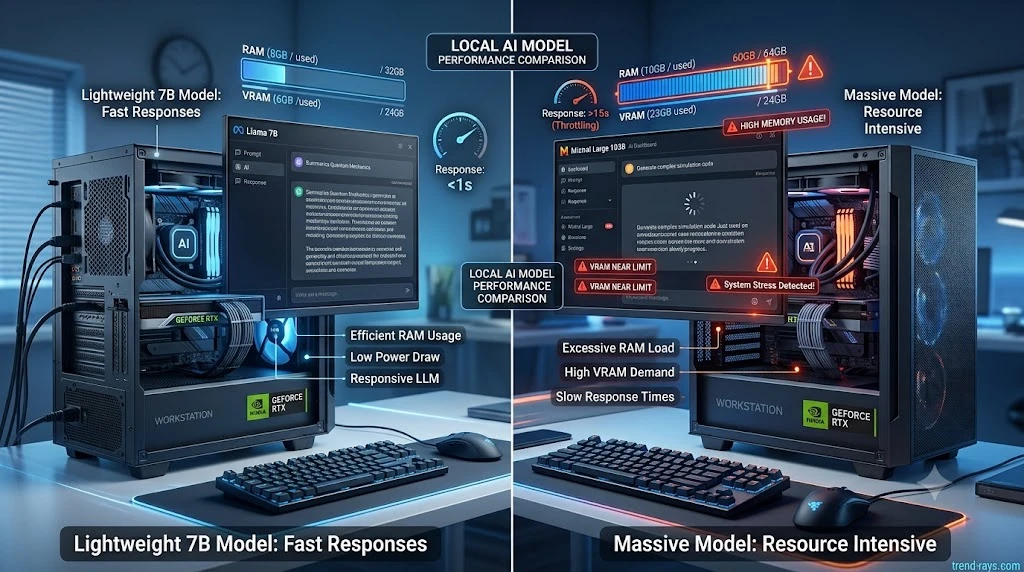 Why Is My Local AI So Slow? 12 Reasons (And Exactly How to Fix Each One) 2 Comparison showing small and large local AI models with increasing RAM and VRAM requirements.