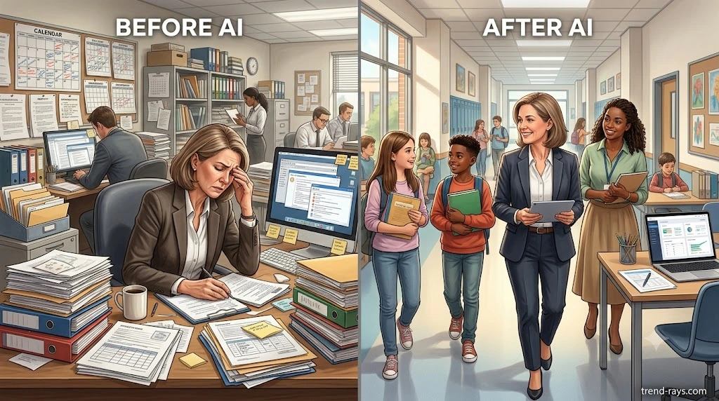 How School Administrators Can Use AI to Save 10+ Hours Every Week (Without Replacing Existing Software) 7 School principal leading students and teachers with AI supporting administrative tasks