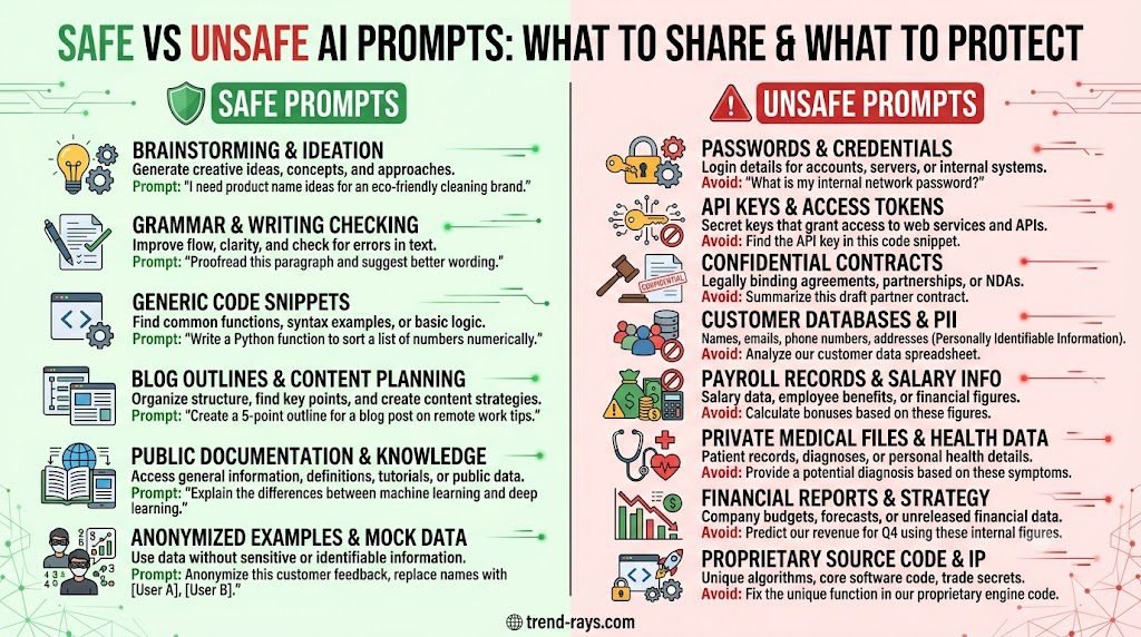 How Freelancers Can Use ChatGPT Without Violating Client Confidentiality 3 Split-screen educational infographic comparing Safe vs Unsafe AI prompts.Left side (green): examples such as brainstorming, grammar checking, generic code snippets, blog outlines, public documentation, anonymized examples.Right side (red): passwords, API keys, confidential contracts, customer databases, payroll records, private medical files, financial reports, proprietary source code.Include modern icons, minimal text placeholders, clean flat vector style, professional cybersecurity aesthetic, white background, highly readable comparison chart.