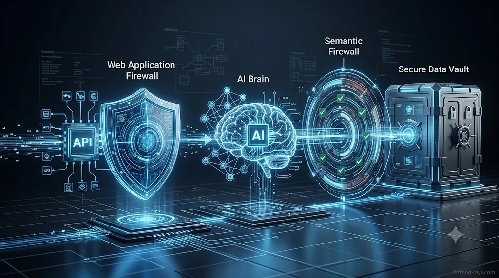 3D network visualization comparing a Web Application Firewall protecting an API to a Semantic Firewall filtering AI outputs.