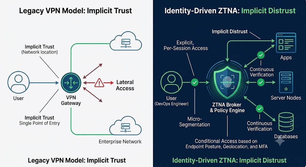 A modern conceptual network diagram contrasting a legacy model on the left with a Zero Trust Network Access (ZTNA) model on the right. On the left, labeled 'Legacy VPN Model: Implicit Trust', a user connects broadly to a network perimeter labeled 'Enterprise Network' via a single 'VPN Gateway'. Arrows indicate broad lateral access with a warning symbol, signifying vulnerability. Labels include 'Implicit Trust (Network location)' and 'Single Point of Entry'. A simplified cloud icon is shown. On the right, labeled 'Identity-Driven ZTNA: Implicit Distrust', a central 'ZTNA Broker & Policy Engine' controls specific, micro-segmented, and encrypted connections from a 'User (DevOps Engineer)' directly to individual 'Apps', 'Server Nodes', and 'Databases'. Each connection is explicitly granted and verified. Labels include 'Explicit, Per-Session Access', 'Implicit Distrust', 'Micro-Segmentation', 'Continuous Verification', and 'Conditional Access based on Endpoint Posture, Geolocation, and MFA'. Modern digital illustration style, clean lines, high-tech interface feel. Green and blue are primary colors for security, with minimal red accents for vulnerability. The central shield icon in the ZTNA Broker has a biometric scan.