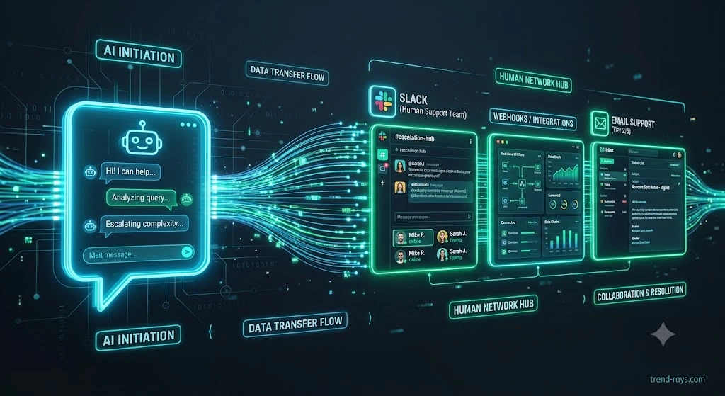 3D visual of a Chatbase AI chatbot escalating a conversation through a webhook to Slack for human agent takeover.