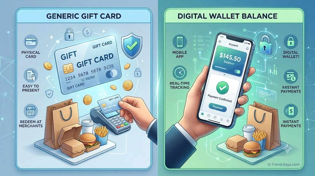 Can You Order Uber Eats Without a Credit Card? Everything You Need to Know (2026 Guide) 4 Comparison illustration of gift cards and digital account balance used for online food delivery payments.