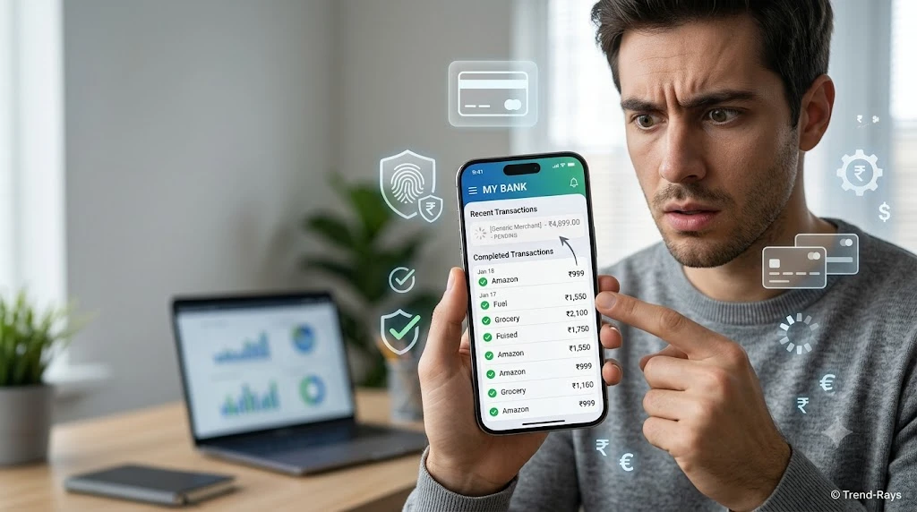 Pending transaction disappeared from a banking app while a customer checks payment status on a smartphone.