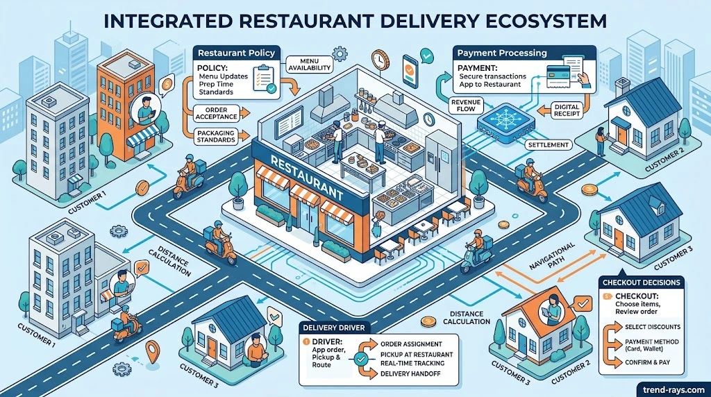 Illustration explaining how restaurant policies, delivery platforms, and customer location affect available payment methods.