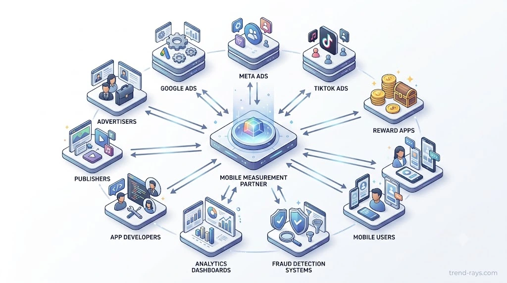 Mobile Attribution Explained: How Apps Track Installs, Reward Offers & User Journeys (Complete Guide) 4 Diagram showing how a Mobile Measurement Partner connects advertisers, ad networks, publishers, and mobile apps