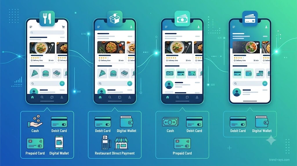 Comparison of different food delivery options with payment methods including cash and digital payments.