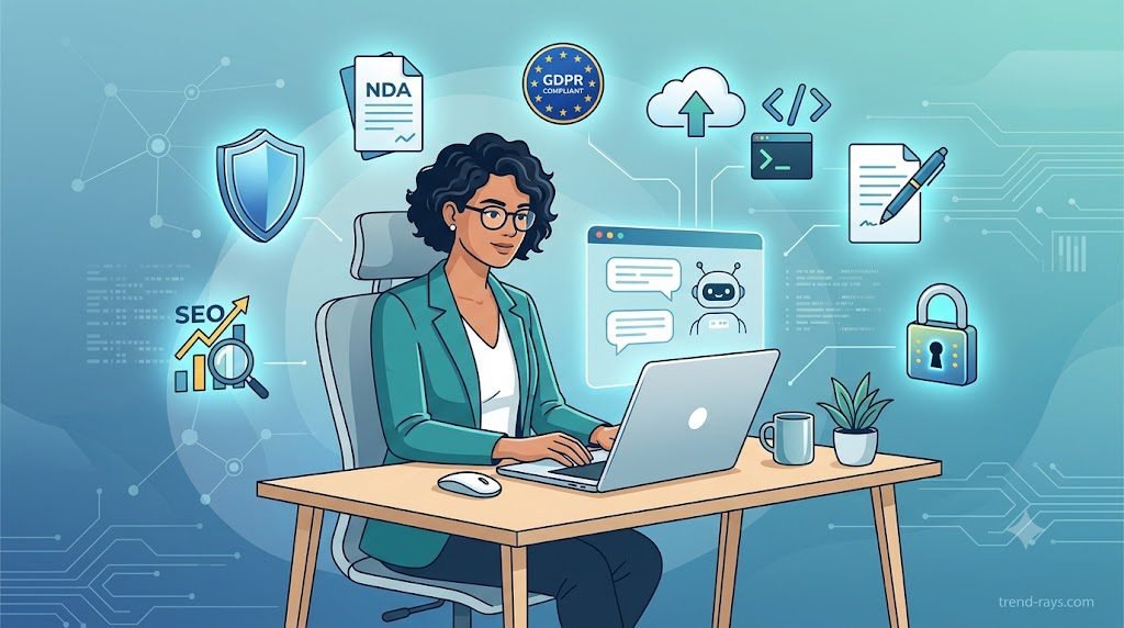 Ultra-modern flat vector illustration of a professional freelancer working at a minimalist desk with a laptop displaying an AI chatbot interface. The freelancer is surrounded by floating icons representing a shield (security), NDA document, GDPR compliance badge, cloud storage, code brackets, document editing, SEO, and privacy lock. The background features subtle blue and teal gradients with abstract digital network patterns, creating a trustworthy and professional atmosphere. Clean editorial style, premium SaaS blog illustration.
