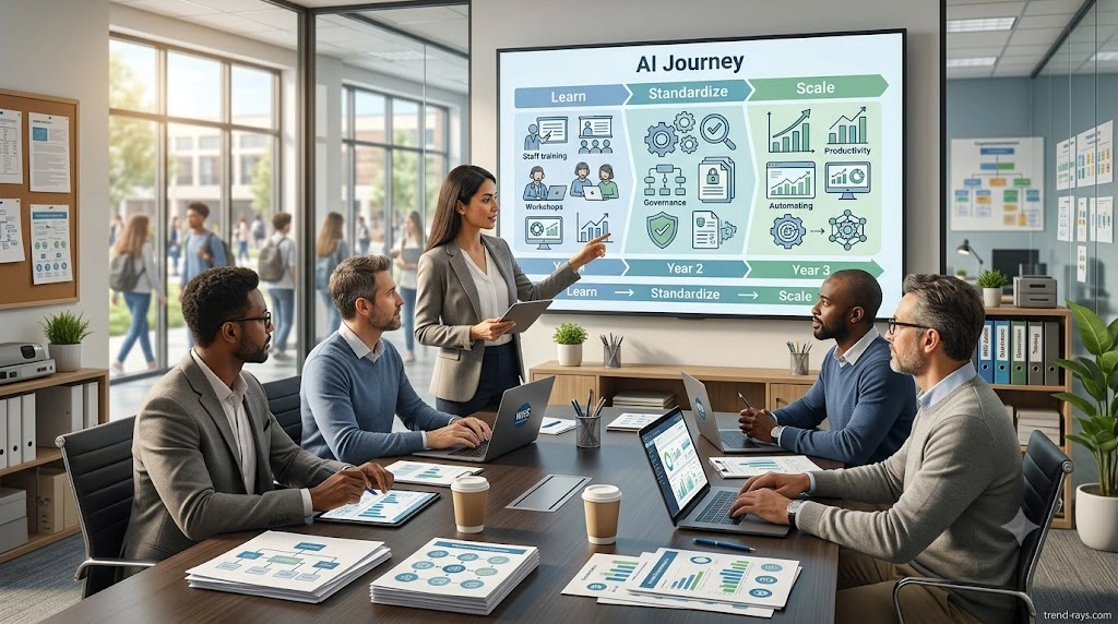 How School Administrators Can Use AI to Save 10+ Hours Every Week (Without Replacing Existing Software) 5 School leadership planning a phased AI implementation strategy