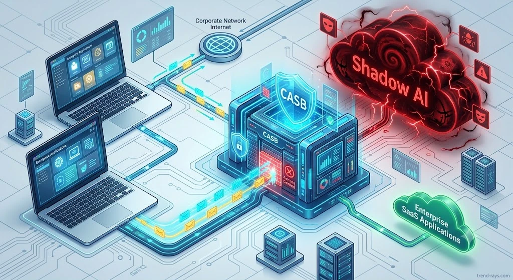 The ACSC Essential Eight AI Blueprint: Blocking "Shadow AI" in 2026 2 Diagram showing a Cloud Access Security Broker (CASB) intercepting and blocking Shadow AI data leaks.