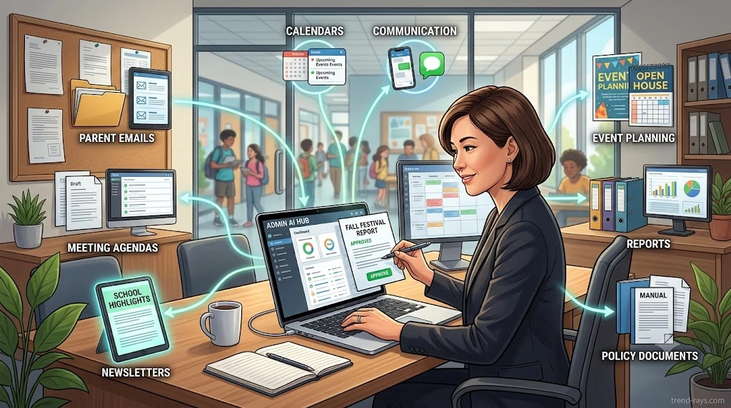 How School Administrators Can Use AI to Save 10+ Hours Every Week (Without Replacing Existing Software) 3 AI assisting school administrators with emails, reports, meetings, and planning
