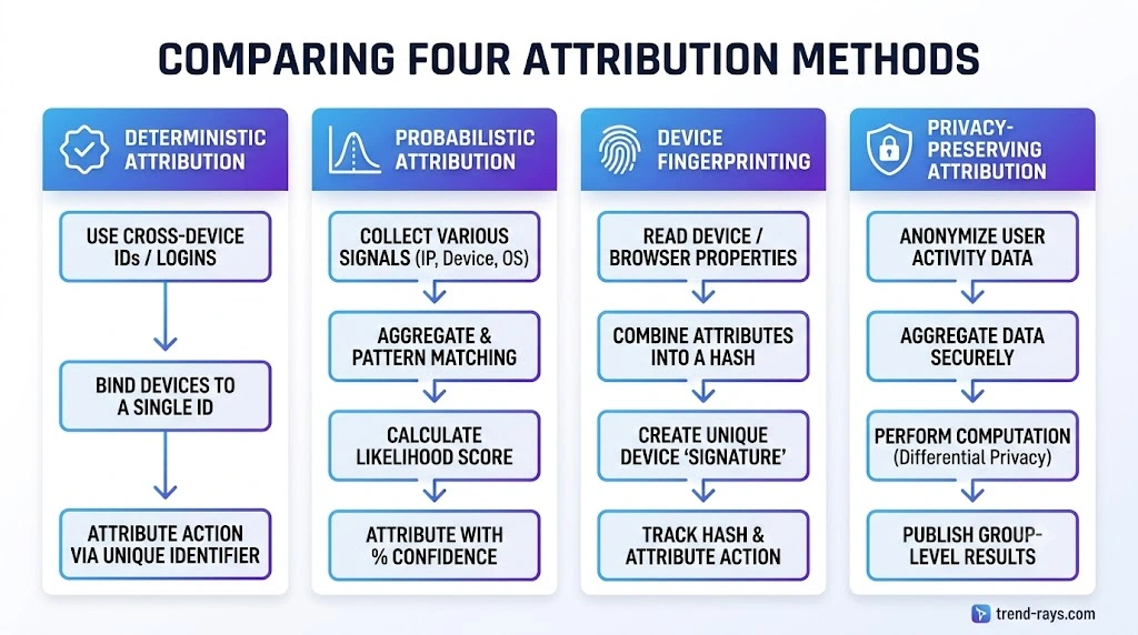 Mobile Attribution Explained: How Apps Track Installs, Reward Offers & User Journeys (Complete Guide) 5 Comparison infographic illustrating deterministic attribution, probabilistic attribution, device fingerprinting, and privacy-preserving attribution