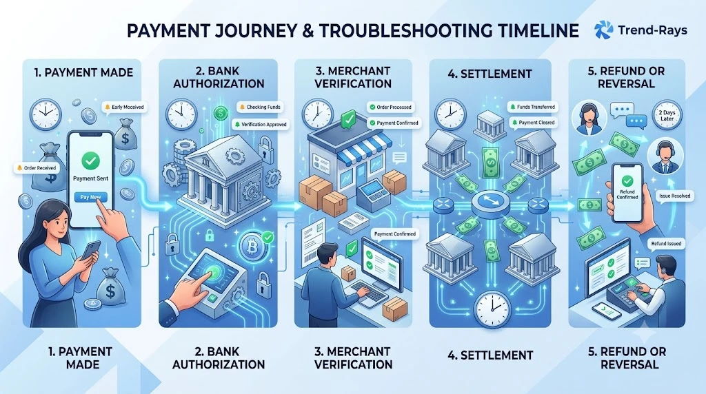 Merchant Says Payment Failed but Money Was Deducted: Where Did Your Money Go and How to Get It Back 4 Timeline showing when to contact merchant or bank after payment failure.