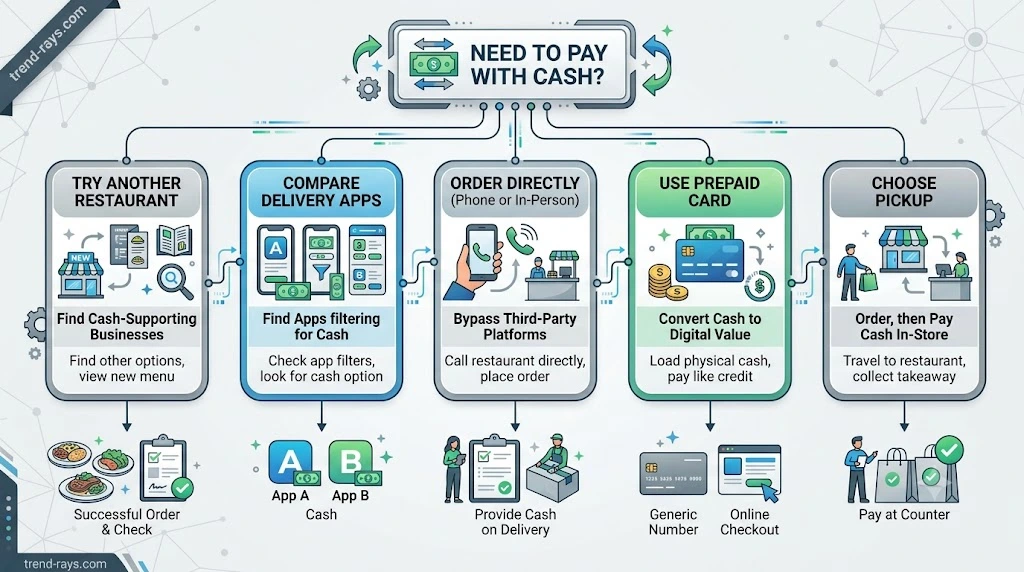 Flowchart illustrating steps customers can follow if cash payment is unavailable during food delivery checkout.