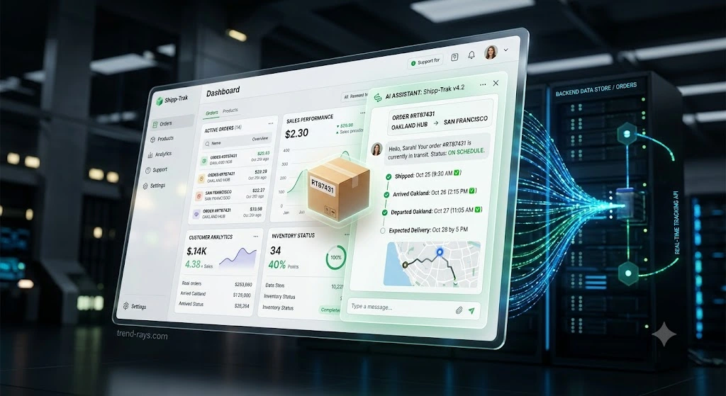 3D UI mockup of Tidio AI chat widget displaying live package tracking data connected directly to a Shopify e-commerce database.