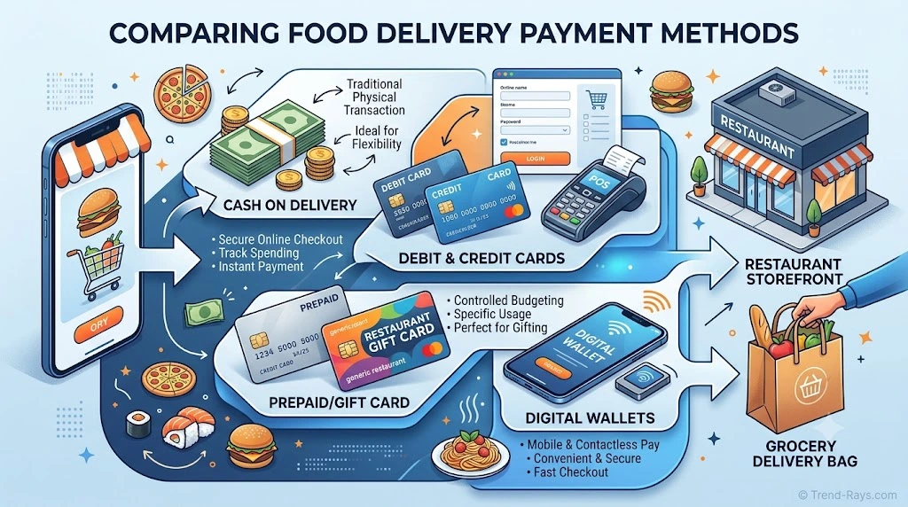 Food Delivery Without a Credit Card: 12 Legit Ways to Order Food in 2026 2 Comparison of alternative payment methods including debit cards, cash, prepaid cards, digital wallets, restaurant gift cards, and direct restaurant ordering.