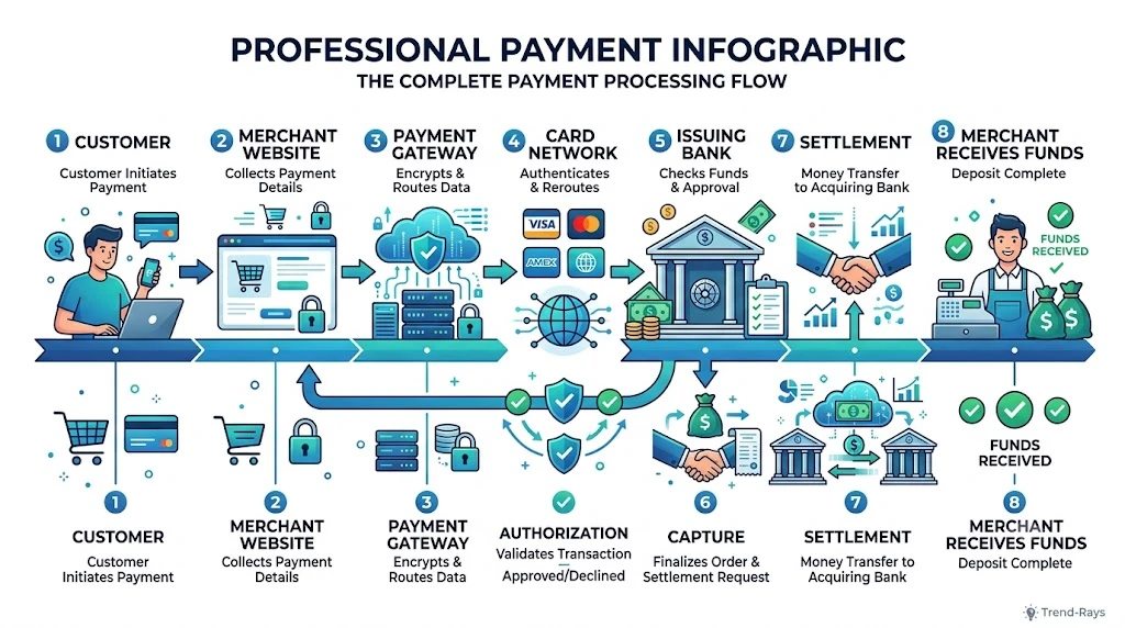 Flowchart showing every stage of a card payment from customer to merchant settlement.