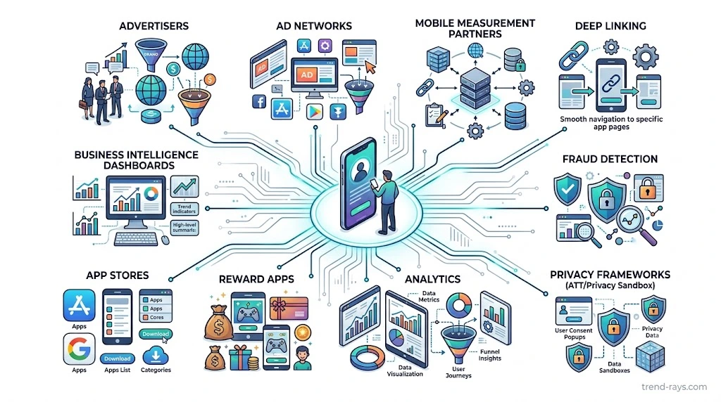 Mobile Attribution Explained: How Apps Track Installs, Reward Offers & User Journeys (Complete Guide) 7 Comprehensive ecosystem diagram connecting advertisers, users, attribution platforms, deep linking, analytics, fraud detection, and reward apps
