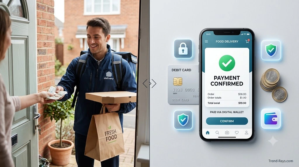 Can You Order Uber Eats Without a Credit Card? Everything You Need to Know (2026 Guide) 5 Illustration comparing cash payments and digital payments for food delivery services.