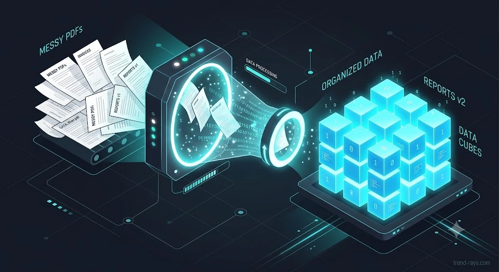 Isometric diagram showing unstructured PDF documents converted into clean vector database data cubes.