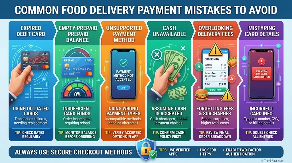 Food Delivery Without a Credit Card: 12 Legit Ways to Order Food in 2026 4 Illustration showing common mistakes people make while paying for online food delivery.