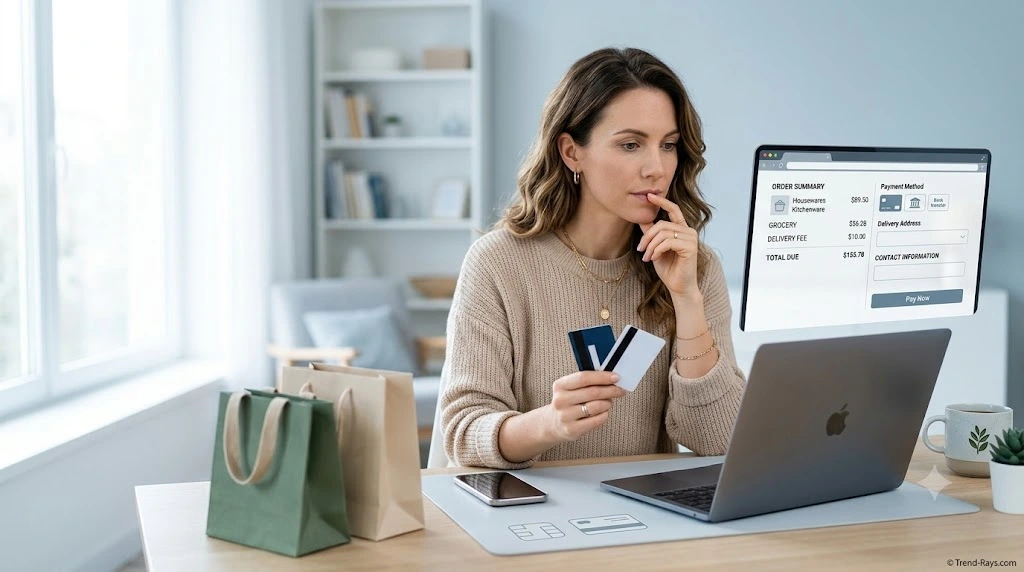 Customer shopping online with multiple payment cards while checking out on an ecommerce website.