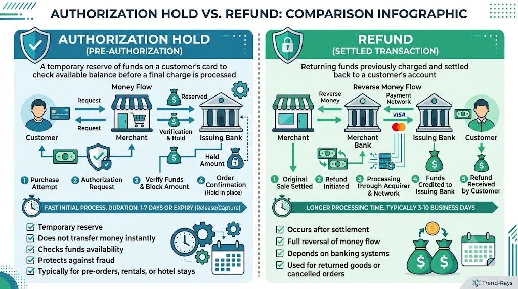 Comparison chart explaining the differences between authorization holds and refunds.