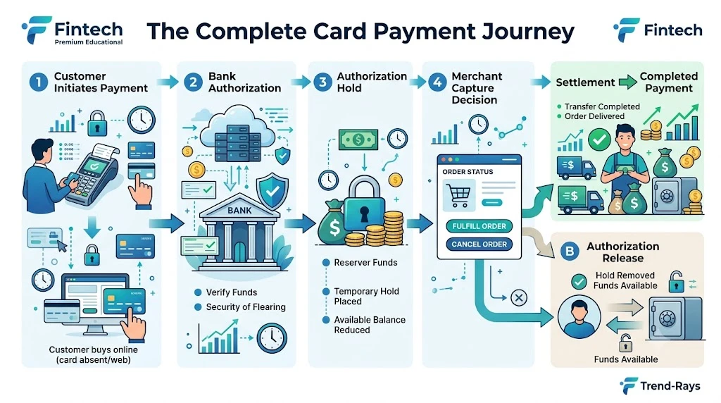End-to-end infographic explaining every stage of a card payment transaction.