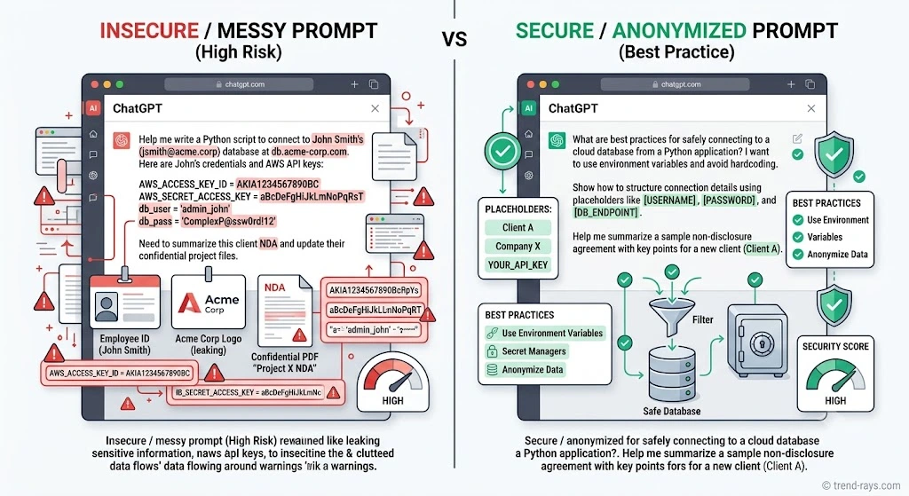 How to Anonymize Client Data Before Using ChatGPT Without Breaking Client Trust 4 Unsafe vs anonymized ChatGPT prompt comparison