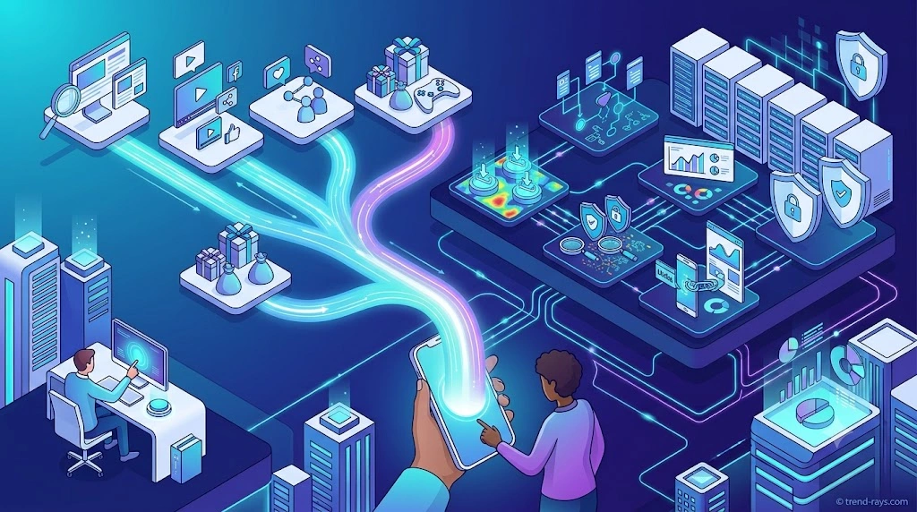 Mobile Attribution Explained: How Apps Track Installs, Reward Offers & User Journeys (Complete Guide) 3 Illustration explaining the mobile attribution ecosystem showing advertisers, Mobile Measurement Partners, reward apps, app stores, users, and attribution data flow