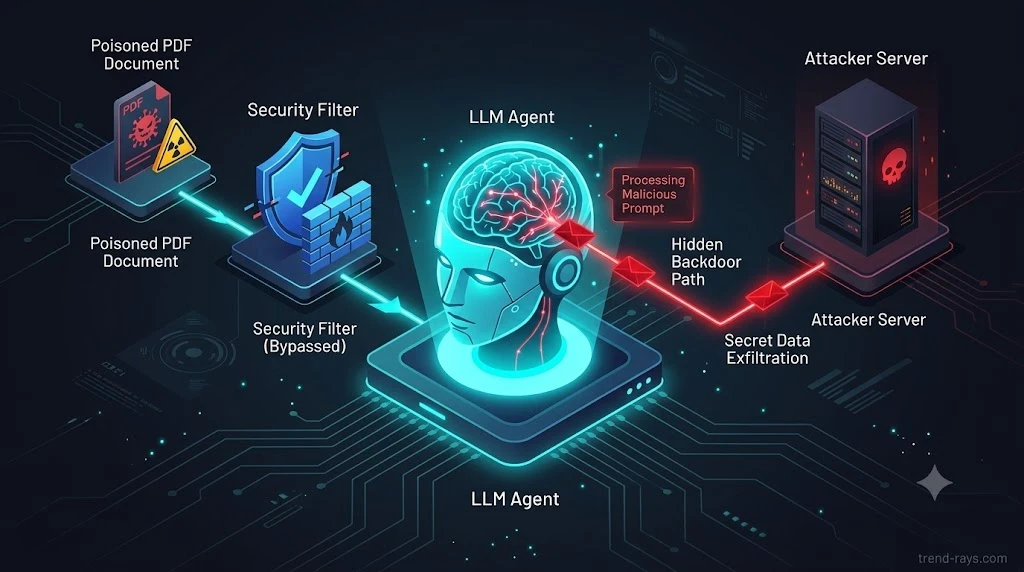 Isometric diagram showing how a poisoned PDF bypasses input filters to trigger a zero-click data exfiltration via an LLM agent.