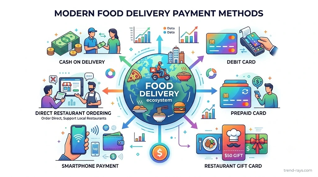 Illustration showing different ways to pay for food delivery including cash, debit cards, prepaid cards, and restaurant gift cards.