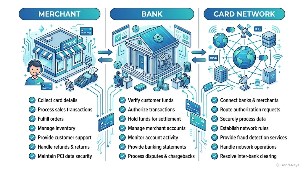 Responsibility chart showing whether to contact the merchant or bank after a payment authorization issue.