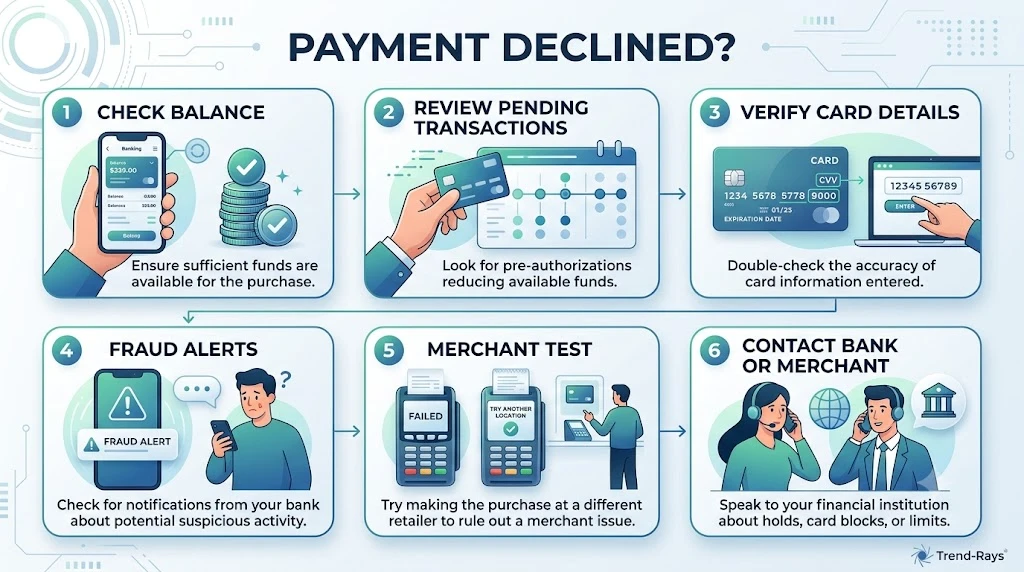 Why Is My Payment Declined Even Though I Have Money? 15 Common Causes (2026) 8 Step-by-step checklist helping users identify why a payment was declined.
