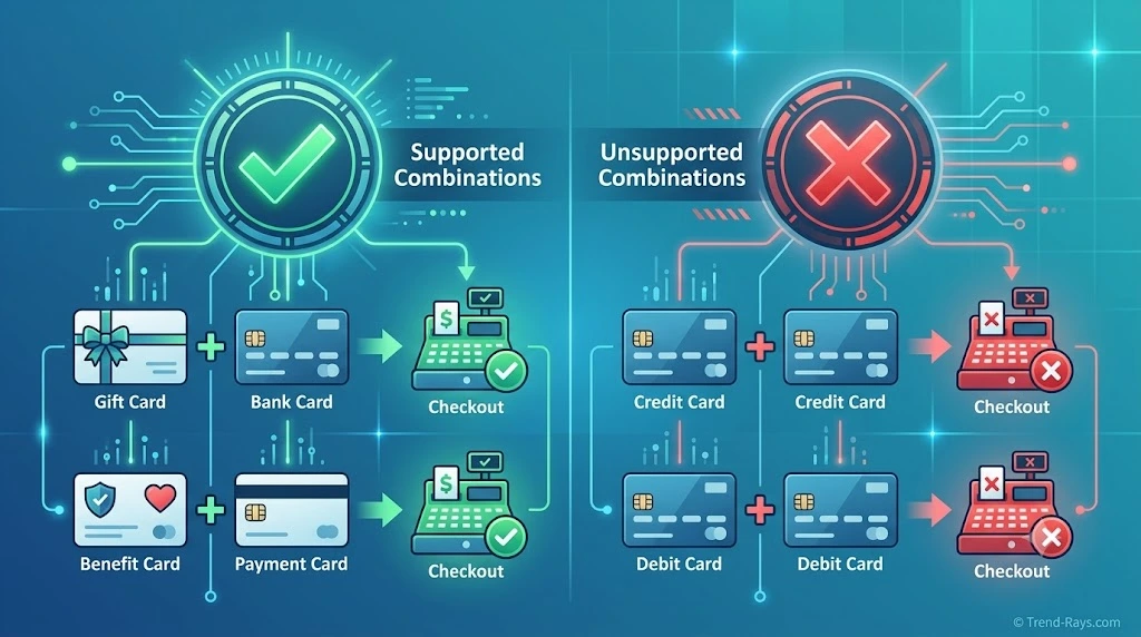 Can You Split Payment on Walmart? What You Can (and Can't) Do in 2026 2 Illustration showing supported and unsupported payment combinations for online shopping.