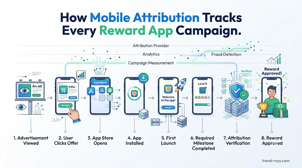 The Economics Behind Reward Apps: Why Advertisers Spend Millions to Acquire Mobile Users 4 Diagram showing how mobile attribution connects an advertisement, app install, milestone completion, verification, and reward approval.