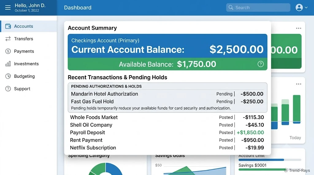 Why Is My Payment Declined Even Though I Have Money? 15 Common Causes (2026) 2 Bank account interface comparing account balance and available balance after pending transactions.