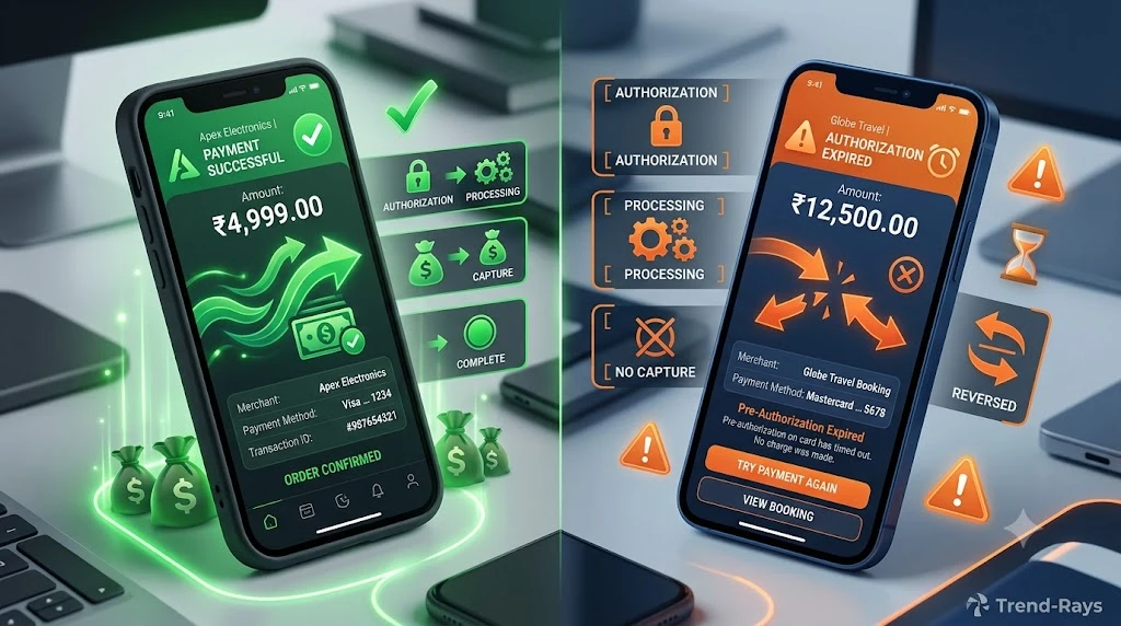 Comparison between successful payment completion and failed payment after a pending transaction disappears.