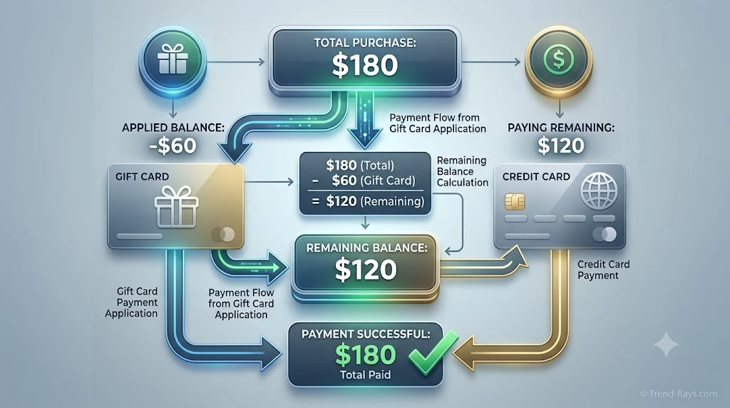 Can You Split Payment Between a Gift Card and a Credit Card? Complete Guide (2026) 2 Illustration explaining how a gift card balance is applied before the remaining amount is charged to a credit card.