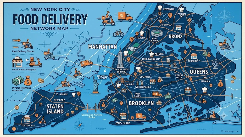 Map-style illustration highlighting Manhattan, Brooklyn, Queens, Bronx, and Staten Island with restaurant and food delivery icons.