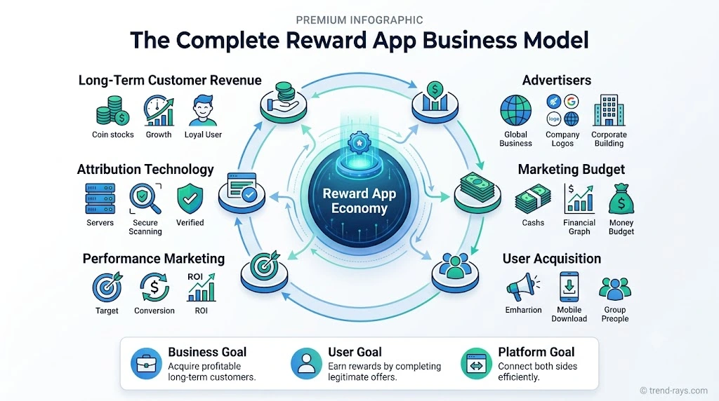 The Economics Behind Reward Apps: Why Advertisers Spend Millions to Acquire Mobile Users 5 Comprehensive infographic summarizing the complete reward app business model from advertiser investment to long-term customer revenue.