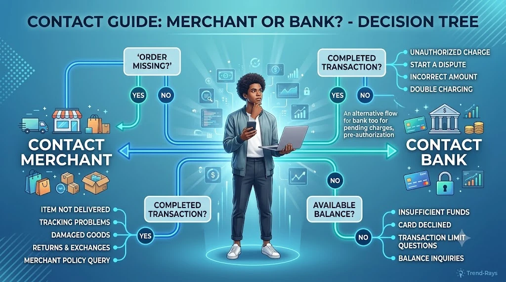 Decision flowchart showing whether to contact the bank or merchant for payment problems.